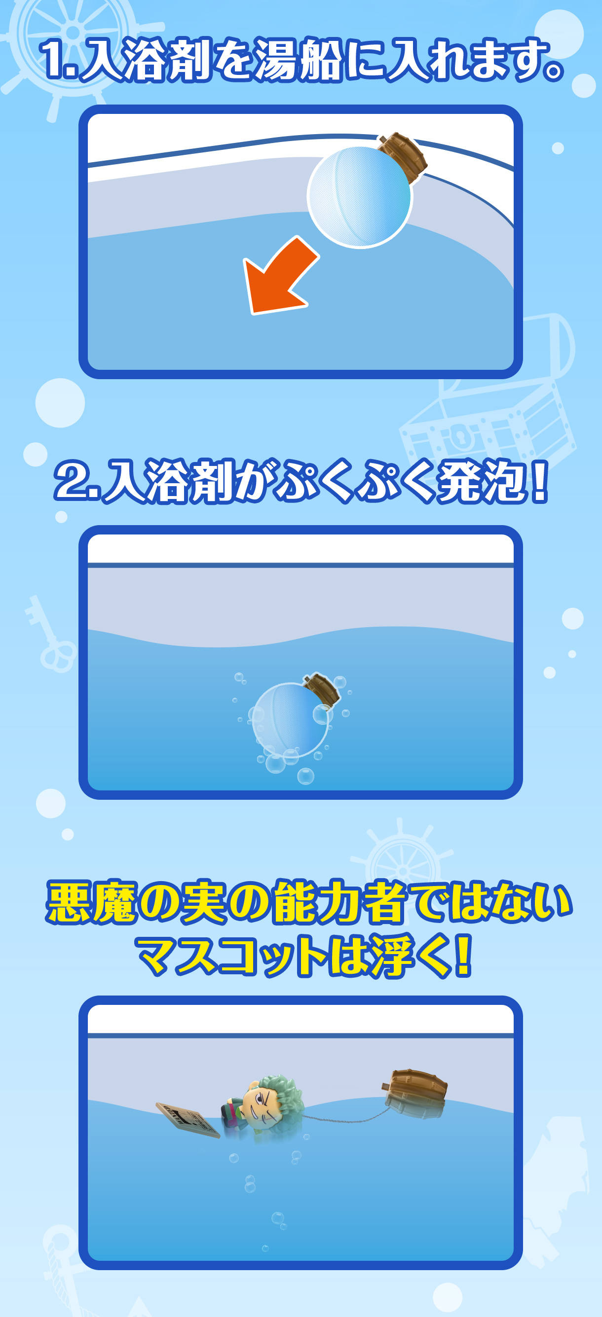 1.入浴剤を湯船に入れます。2.入浴剤がぷくぷく発泡！悪魔の実の能力者ではない マスコットは浮く！